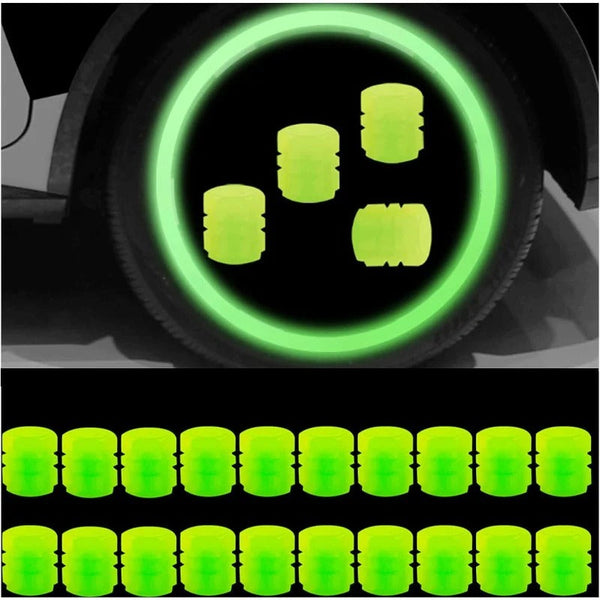 20-Pack Neon Green Glow Tire Valve Caps – No Battery Needed, Universal Fit